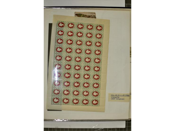 1867/90, hochinteressante Partie, dabei viele Originalbogen u.a. Mi.-Nr. 3, 8c, 14e, 15 und 18, dazu einige Neudruck-Bogen, m
