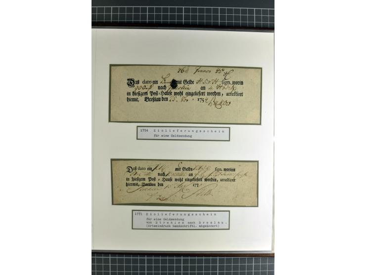 1754/1868, Ausstellungs-Sammlung "Preußische Postscheine von Schlesien" und ""Posteinlieferungscheine von Breslau" mit über 5