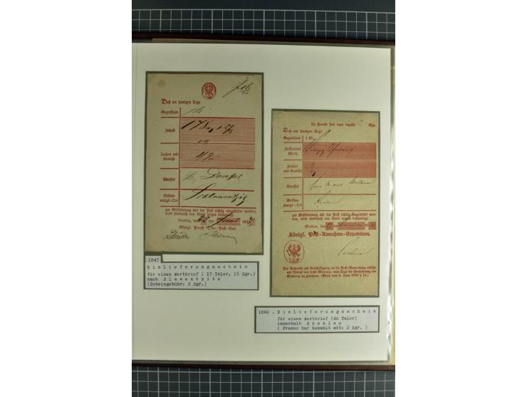 1754/1868, Ausstellungs-Sammlung "Preußische Postscheine von Schlesien" und ""Posteinlieferungscheine von Breslau" mit über 5