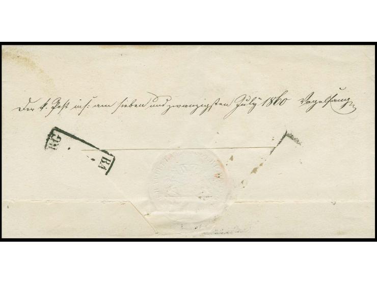  9 Kreuzer gelbgrün, allseits breitrandig mit gMR "15" und nebengesetztem Halbkreisstempel "AMBERG 27 7" (1860) auf Chargé-Br