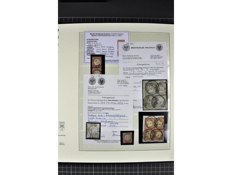 1872/75, Brustschild-Spezialsammlung, überwiegend gestempelt mit ca. 200 Einzelmarken/Briefstücken und 28 Briefen/Karten. Dab