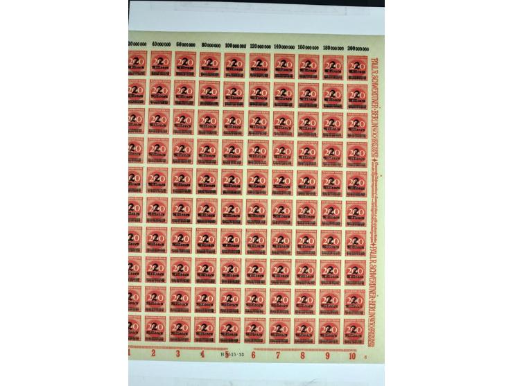 1923, Aufdruckausgaben der Hochinflation (Mi.-Nr. 277-312), umfangreiche postfrische Bogen-Sammlung mit einigen hundert Stück
