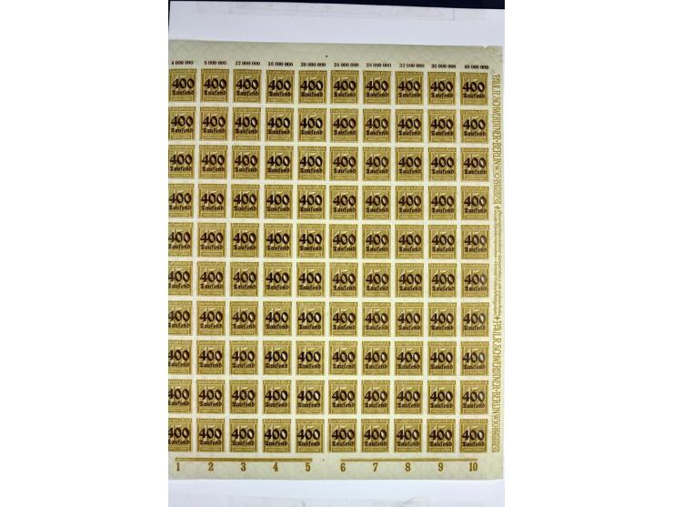 1923, Aufdruckausgaben der Hochinflation (Mi.-Nr. 277-312), umfangreiche postfrische Bogen-Sammlung mit einigen hundert Stück
