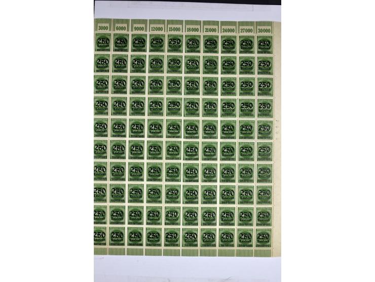 1923, Aufdruckausgaben der Hochinflation (Mi.-Nr. 277-312), umfangreiche postfrische Bogen-Sammlung mit einigen hundert Stück