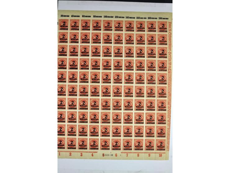 1923, Aufdruckausgaben der Hochinflation (Mi.-Nr. 277-312), umfangreiche postfrische Bogen-Sammlung mit einigen hundert Stück