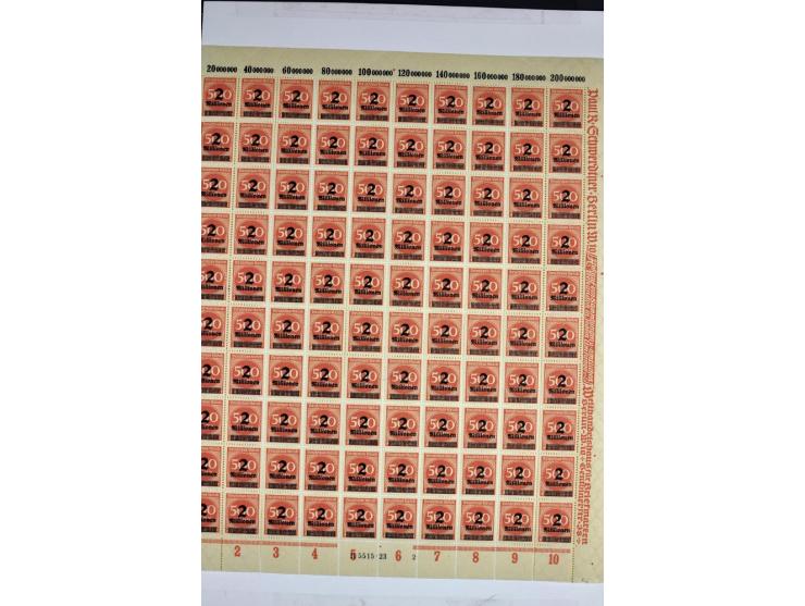 1923, Aufdruckausgaben der Hochinflation (Mi.-Nr. 277-312), umfangreiche postfrische Bogen-Sammlung mit einigen hundert Stück