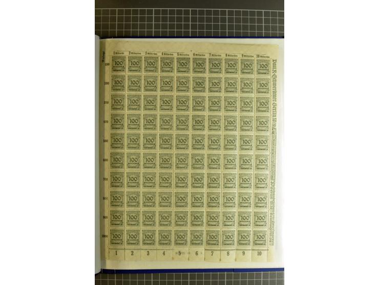 1923, umfangreiche Bogen-Sammlung der Mi.-Nr. 313-329A mit einigen hundert Stück, sauber sortiert nach HAN, Plattennummern un