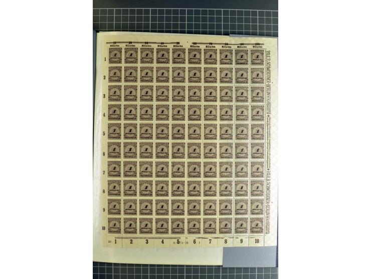 1923, umfangreiche Bogen-Sammlung der Mi.-Nr. 313-329A mit einigen hundert Stück, sauber sortiert nach HAN, Plattennummern un
