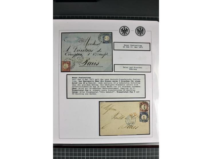1872/74, aufgezogene Sammlung von 22 Briefen nach Frankreich, dabei 3 R-Briefe, Doppelfrankatur mit Frankreich, Einzelfrankat