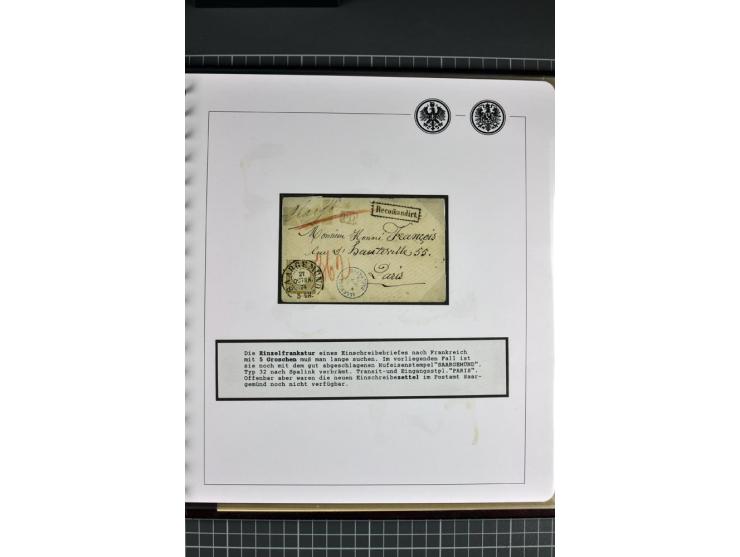 1872/74, aufgezogene Sammlung von 22 Briefen nach Frankreich, dabei 3 R-Briefe, Doppelfrankatur mit Frankreich, Einzelfrankat