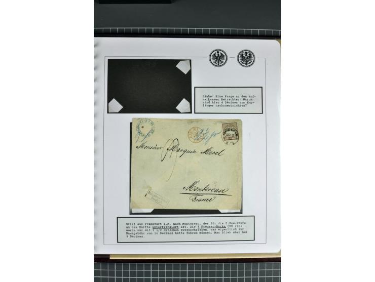 1872/74, aufgezogene Sammlung von 22 Briefen nach Frankreich, dabei 3 R-Briefe, Doppelfrankatur mit Frankreich, Einzelfrankat