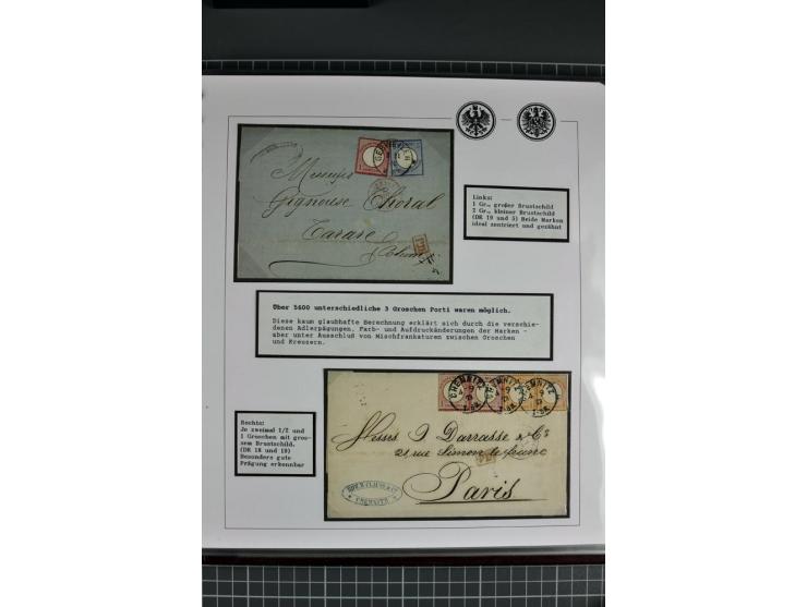 1872/74, aufgezogene Sammlung von 22 Briefen nach Frankreich, dabei 3 R-Briefe, Doppelfrankatur mit Frankreich, Einzelfrankat
