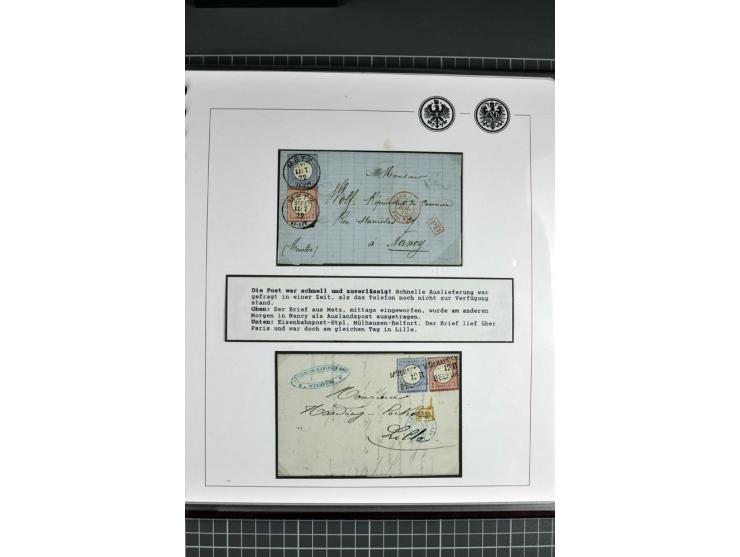 1872/74, aufgezogene Sammlung von 22 Briefen nach Frankreich, dabei 3 R-Briefe, Doppelfrankatur mit Frankreich, Einzelfrankat