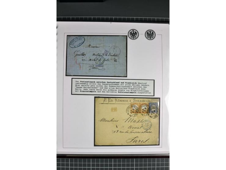 1872/74, aufgezogene Sammlung von 22 Briefen nach Frankreich, dabei 3 R-Briefe, Doppelfrankatur mit Frankreich, Einzelfrankat