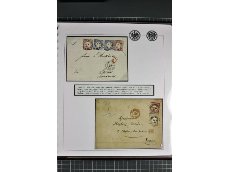 1872/74, aufgezogene Sammlung von 22 Briefen nach Frankreich, dabei 3 R-Briefe, Doppelfrankatur mit Frankreich, Einzelfrankat