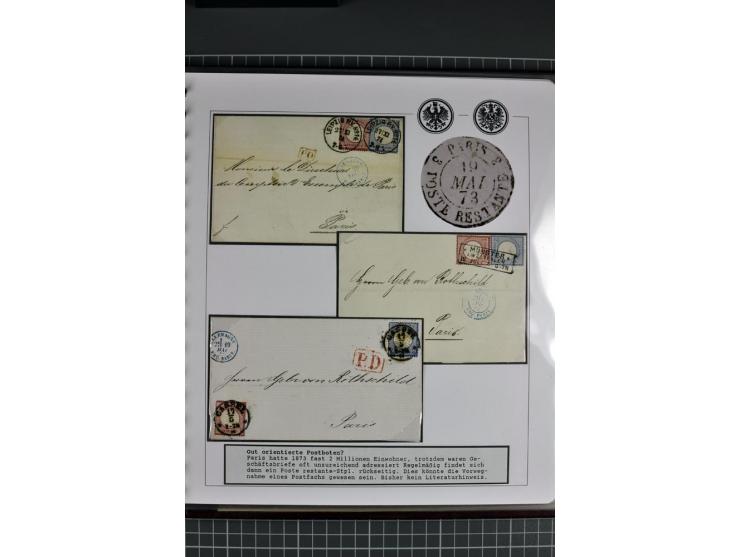 1872/74, aufgezogene Sammlung von 22 Briefen nach Frankreich, dabei 3 R-Briefe, Doppelfrankatur mit Frankreich, Einzelfrankat