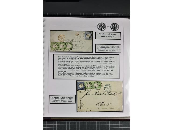 1872/74, aufgezogene Sammlung von 22 Briefen nach Frankreich, dabei 3 R-Briefe, Doppelfrankatur mit Frankreich, Einzelfrankat