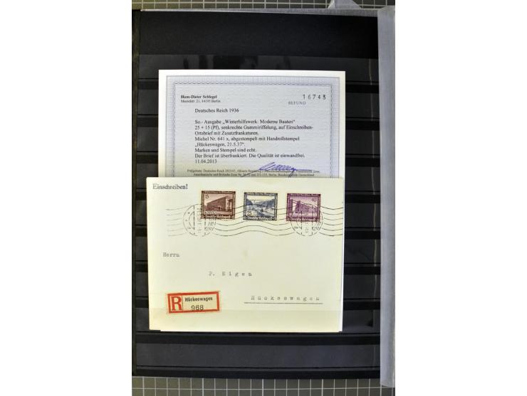 1936, WHW 25 Pfg. mit senkrechter Gummiriffelung, 77 Stück auf überfrankierten R-Briefe, je mit Befund/Fotoattest Schlegel BP