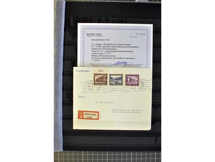 1936, WHW 25 Pfg. mit senkrechter Gummiriffelung, 77 Stück auf überfrankierten R-Briefe, je mit Befund/Fotoattest Schlegel BP