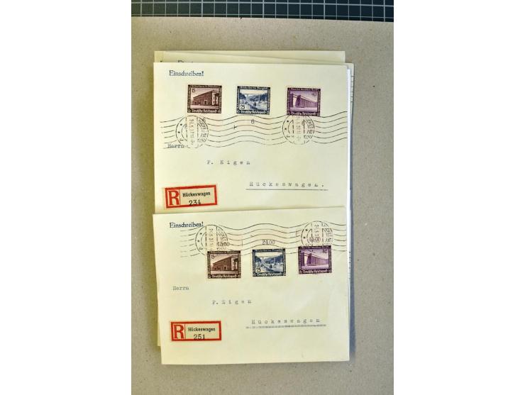 1936, WHW 25 Pfg. mit senkrechter Gummiriffelung, 77 Stück auf überfrankierten R-Briefe, je mit Befund/Fotoattest Schlegel BP