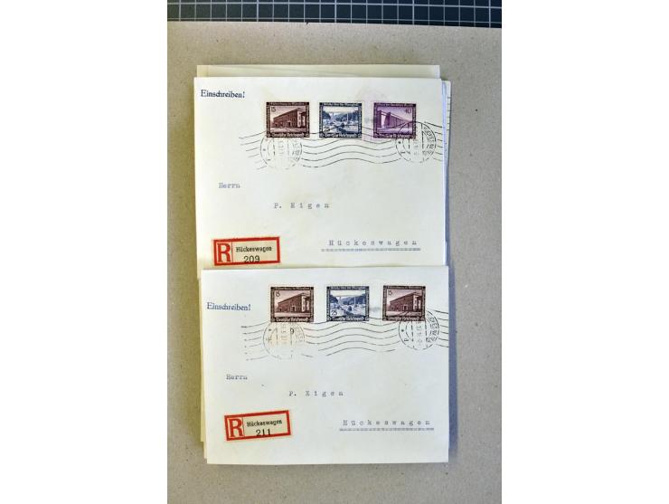 1936, WHW 25 Pfg. mit senkrechter Gummiriffelung, 77 Stück auf überfrankierten R-Briefe, je mit Befund/Fotoattest Schlegel BP