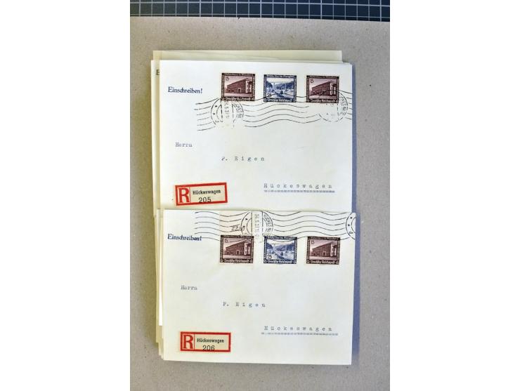 1936, WHW 25 Pfg. mit senkrechter Gummiriffelung, 77 Stück auf überfrankierten R-Briefe, je mit Befund/Fotoattest Schlegel BP