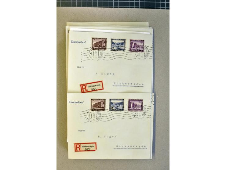 1936, WHW 25 Pfg. mit senkrechter Gummiriffelung, 77 Stück auf überfrankierten R-Briefe, je mit Befund/Fotoattest Schlegel BP