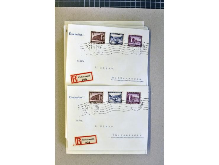 1936, WHW 25 Pfg. mit senkrechter Gummiriffelung, 77 Stück auf überfrankierten R-Briefe, je mit Befund/Fotoattest Schlegel BP