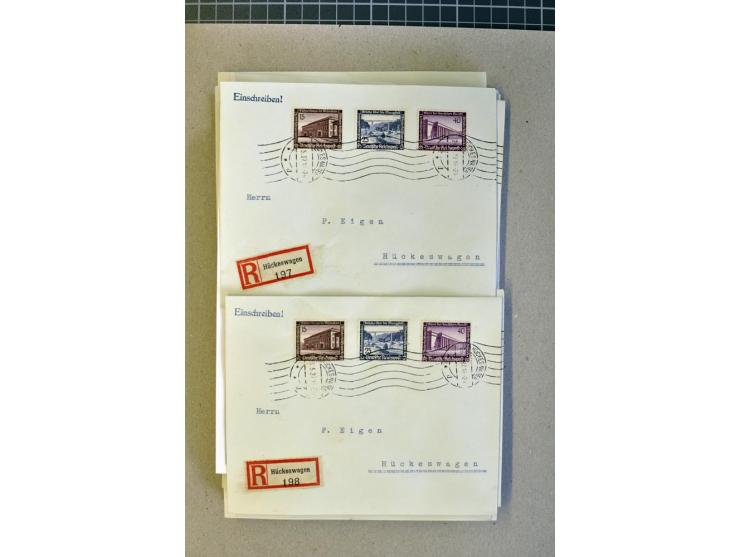 1936, WHW 25 Pfg. mit senkrechter Gummiriffelung, 77 Stück auf überfrankierten R-Briefe, je mit Befund/Fotoattest Schlegel BP