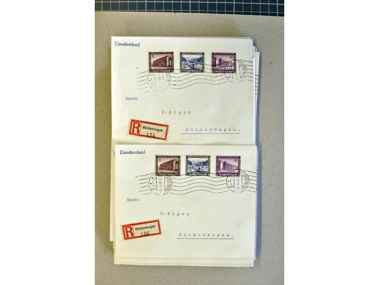 1936, WHW 25 Pfg. mit senkrechter Gummiriffelung, 77 Stück auf überfrankierten R-Briefe, je mit Befund/Fotoattest Schlegel BP