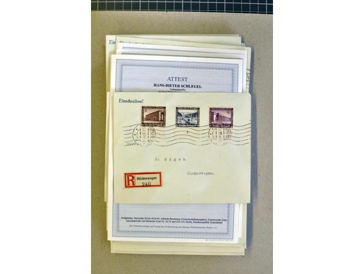 1936, WHW 25 Pfg. mit senkrechter Gummiriffelung, 77 Stück auf überfrankierten R-Briefe, je mit Befund/Fotoattest Schlegel BP