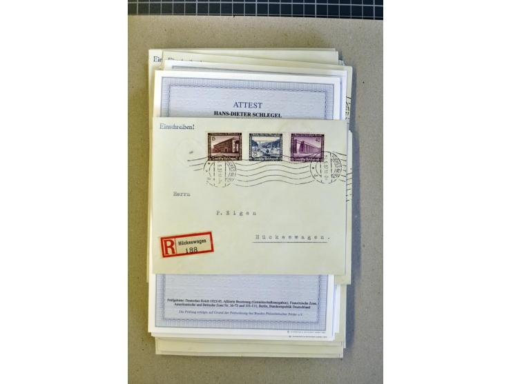 1936, WHW 25 Pfg. mit senkrechter Gummiriffelung, 77 Stück auf überfrankierten R-Briefe, je mit Befund/Fotoattest Schlegel BP