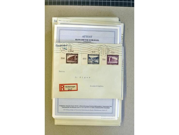 1936, WHW 25 Pfg. mit senkrechter Gummiriffelung, 77 Stück auf überfrankierten R-Briefe, je mit Befund/Fotoattest Schlegel BP