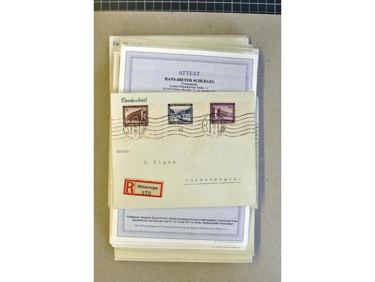 1936, WHW 25 Pfg. mit senkrechter Gummiriffelung, 77 Stück auf überfrankierten R-Briefe, je mit Befund/Fotoattest Schlegel BP