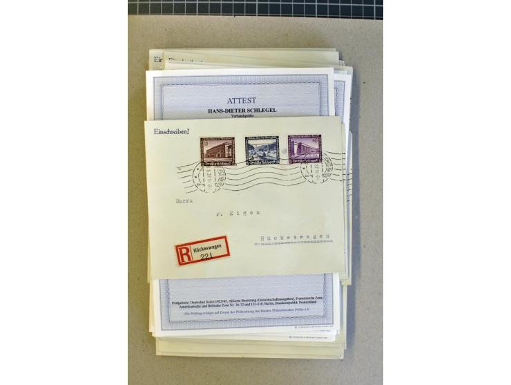 1936, WHW 25 Pfg. mit senkrechter Gummiriffelung, 77 Stück auf überfrankierten R-Briefe, je mit Befund/Fotoattest Schlegel BP