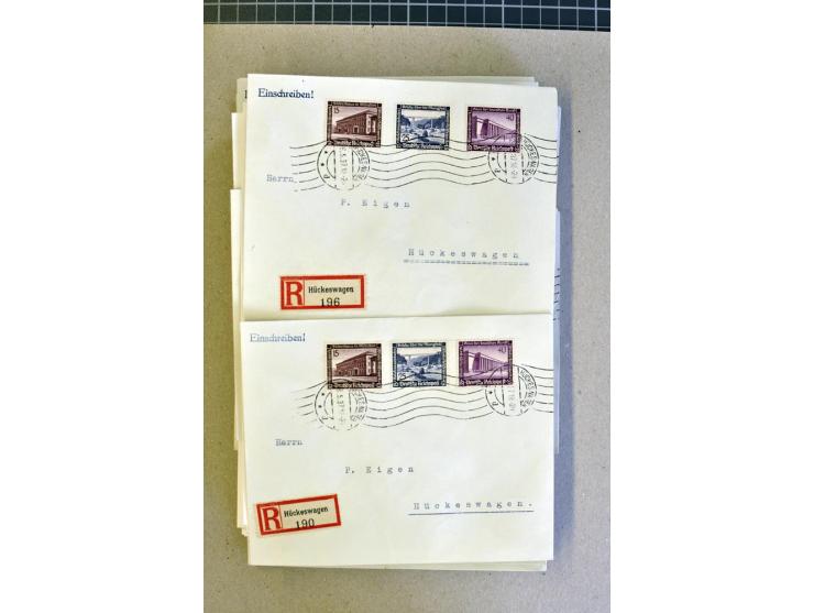 1936, WHW 25 Pfg. mit senkrechter Gummiriffelung, 77 Stück auf überfrankierten R-Briefe, je mit Befund/Fotoattest Schlegel BP