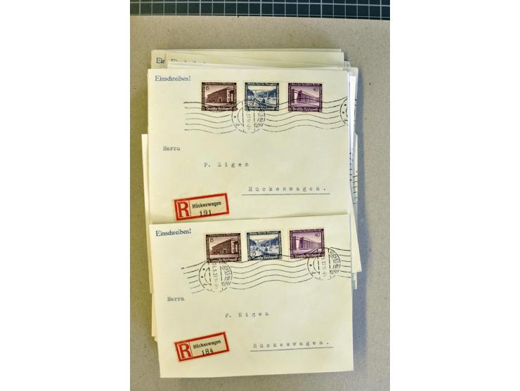 1936, WHW 25 Pfg. mit senkrechter Gummiriffelung, 77 Stück auf überfrankierten R-Briefe, je mit Befund/Fotoattest Schlegel BP