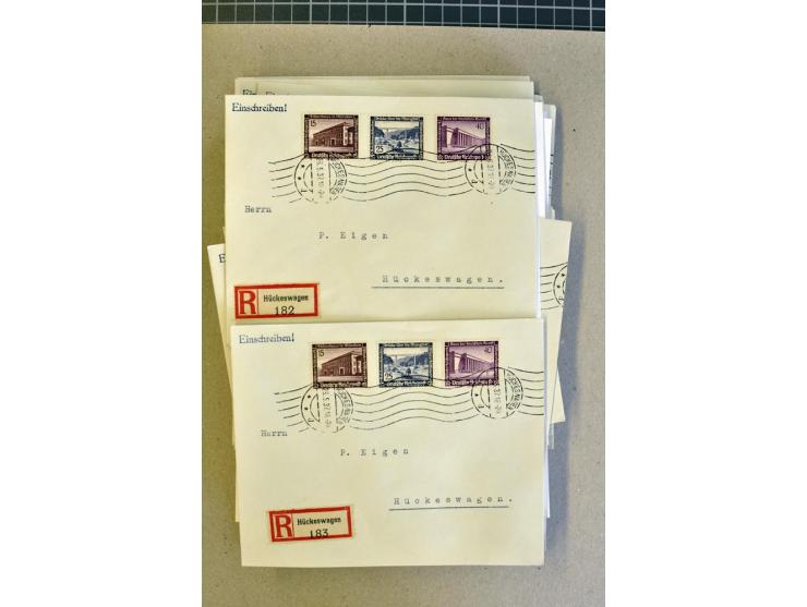 1936, WHW 25 Pfg. mit senkrechter Gummiriffelung, 77 Stück auf überfrankierten R-Briefe, je mit Befund/Fotoattest Schlegel BP