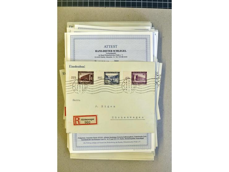 1936, WHW 25 Pfg. mit senkrechter Gummiriffelung, 77 Stück auf überfrankierten R-Briefe, je mit Befund/Fotoattest Schlegel BP