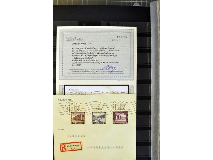 1936, WHW 25 Pfg. mit senkrechter Gummiriffelung, 77 Stück auf überfrankierten R-Briefe, je mit Befund/Fotoattest Schlegel BP