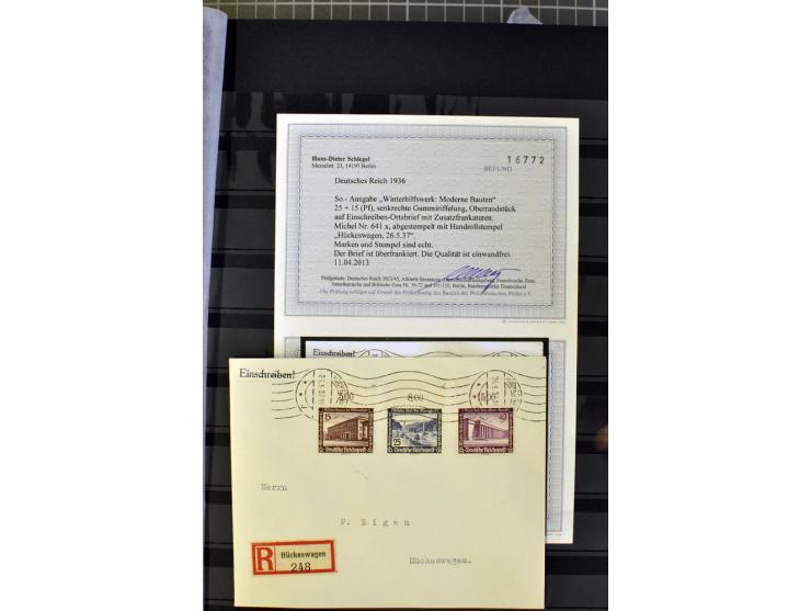 1936, WHW 25 Pfg. mit senkrechter Gummiriffelung, 77 Stück auf überfrankierten R-Briefe, je mit Befund/Fotoattest Schlegel BP