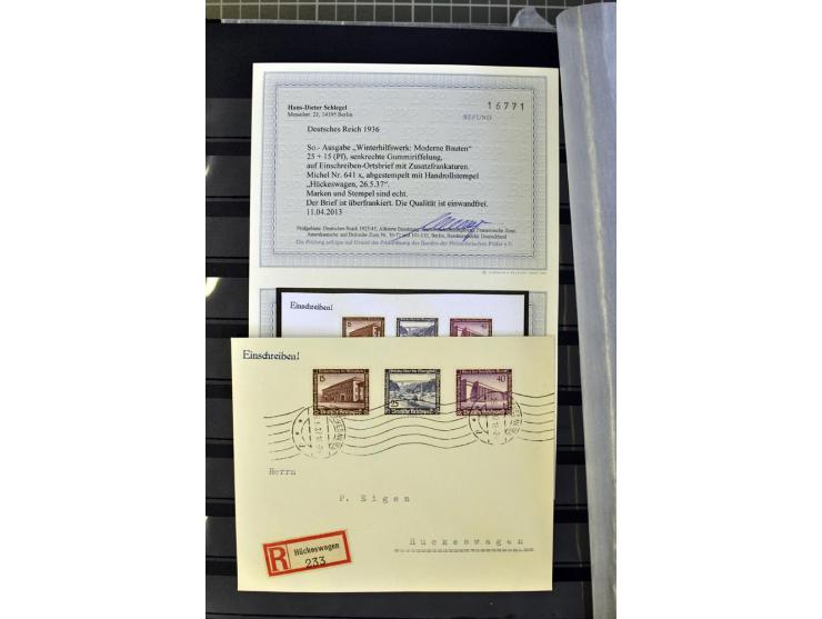 1936, WHW 25 Pfg. mit senkrechter Gummiriffelung, 77 Stück auf überfrankierten R-Briefe, je mit Befund/Fotoattest Schlegel BP