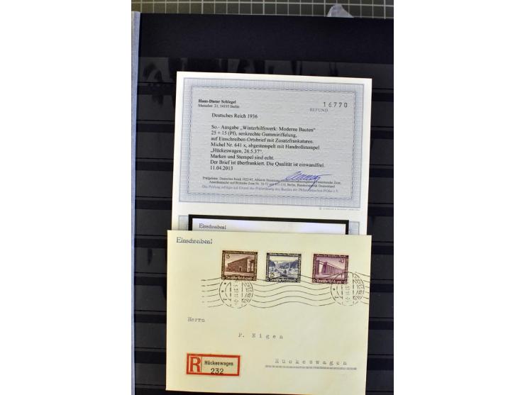 1936, WHW 25 Pfg. mit senkrechter Gummiriffelung, 77 Stück auf überfrankierten R-Briefe, je mit Befund/Fotoattest Schlegel BP