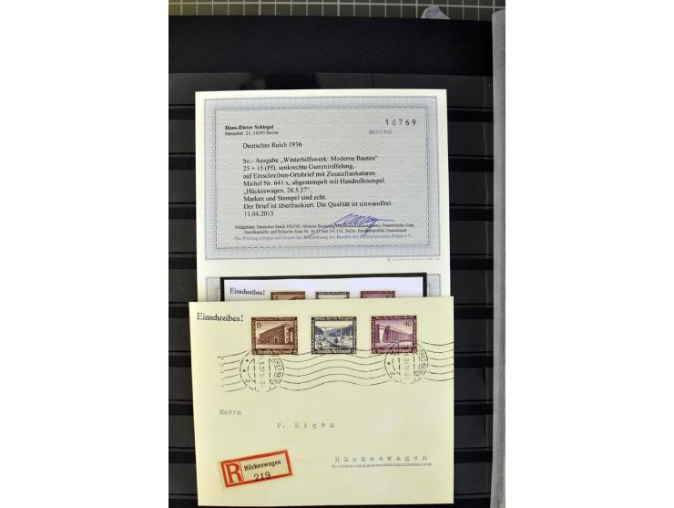 1936, WHW 25 Pfg. mit senkrechter Gummiriffelung, 77 Stück auf überfrankierten R-Briefe, je mit Befund/Fotoattest Schlegel BP