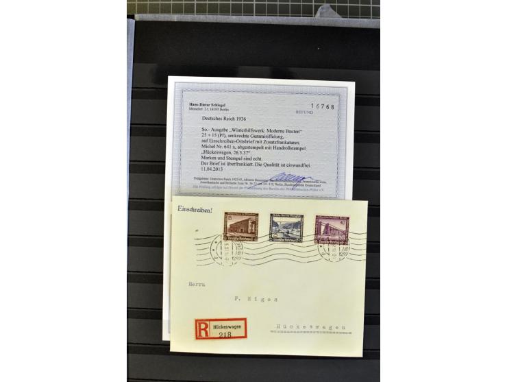 1936, WHW 25 Pfg. mit senkrechter Gummiriffelung, 77 Stück auf überfrankierten R-Briefe, je mit Befund/Fotoattest Schlegel BP