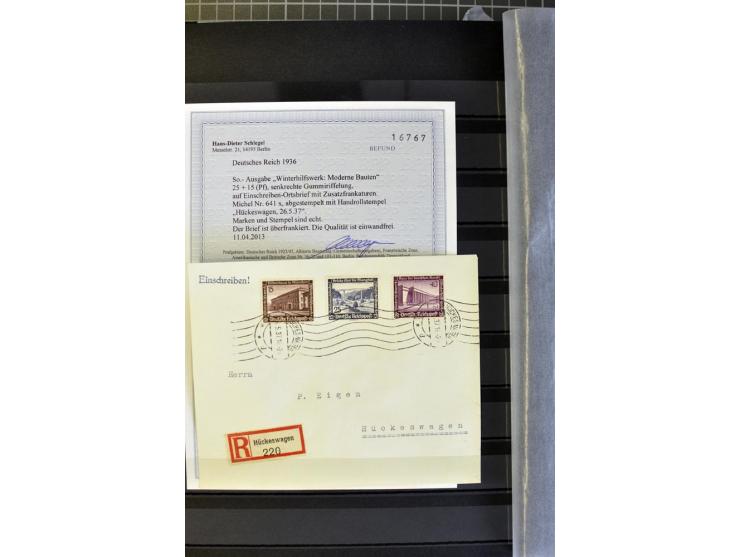 1936, WHW 25 Pfg. mit senkrechter Gummiriffelung, 77 Stück auf überfrankierten R-Briefe, je mit Befund/Fotoattest Schlegel BP