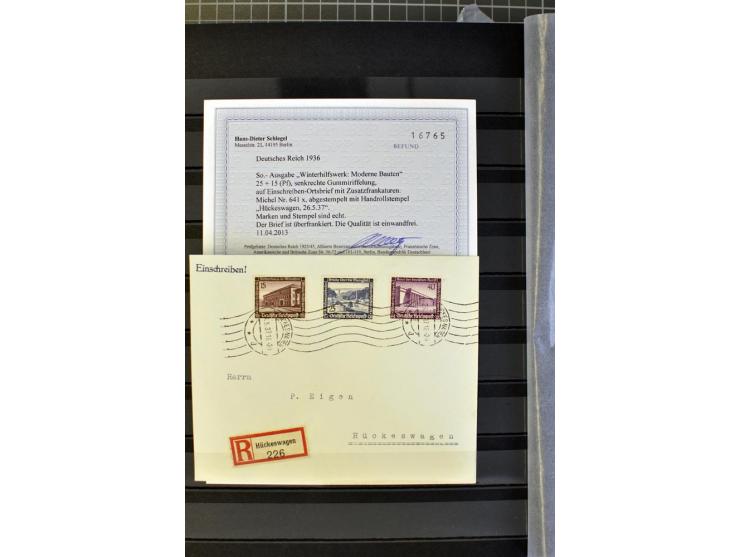1936, WHW 25 Pfg. mit senkrechter Gummiriffelung, 77 Stück auf überfrankierten R-Briefe, je mit Befund/Fotoattest Schlegel BP