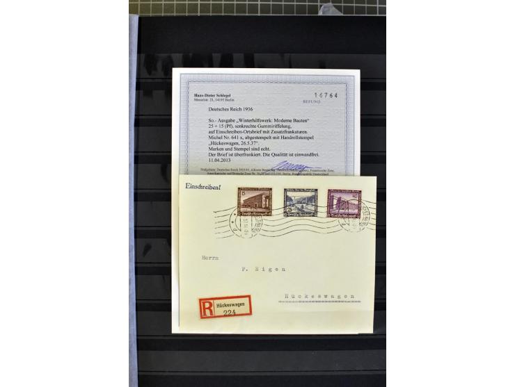 1936, WHW 25 Pfg. mit senkrechter Gummiriffelung, 77 Stück auf überfrankierten R-Briefe, je mit Befund/Fotoattest Schlegel BP