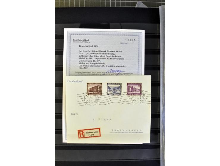 1936, WHW 25 Pfg. mit senkrechter Gummiriffelung, 77 Stück auf überfrankierten R-Briefe, je mit Befund/Fotoattest Schlegel BP
