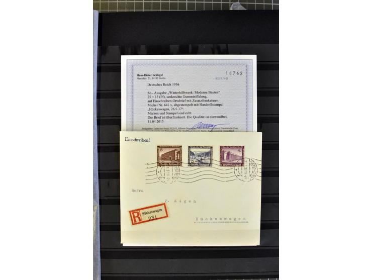 1936, WHW 25 Pfg. mit senkrechter Gummiriffelung, 77 Stück auf überfrankierten R-Briefe, je mit Befund/Fotoattest Schlegel BP